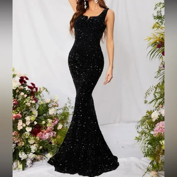 Luxe black mermaid hem sequins maxi dress